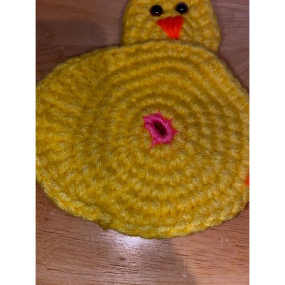 Hand Made Crocheted Yellow Chicken Butt Shaped Hot Pad Trivet Coaster Cork Back - Picture 3 of 5